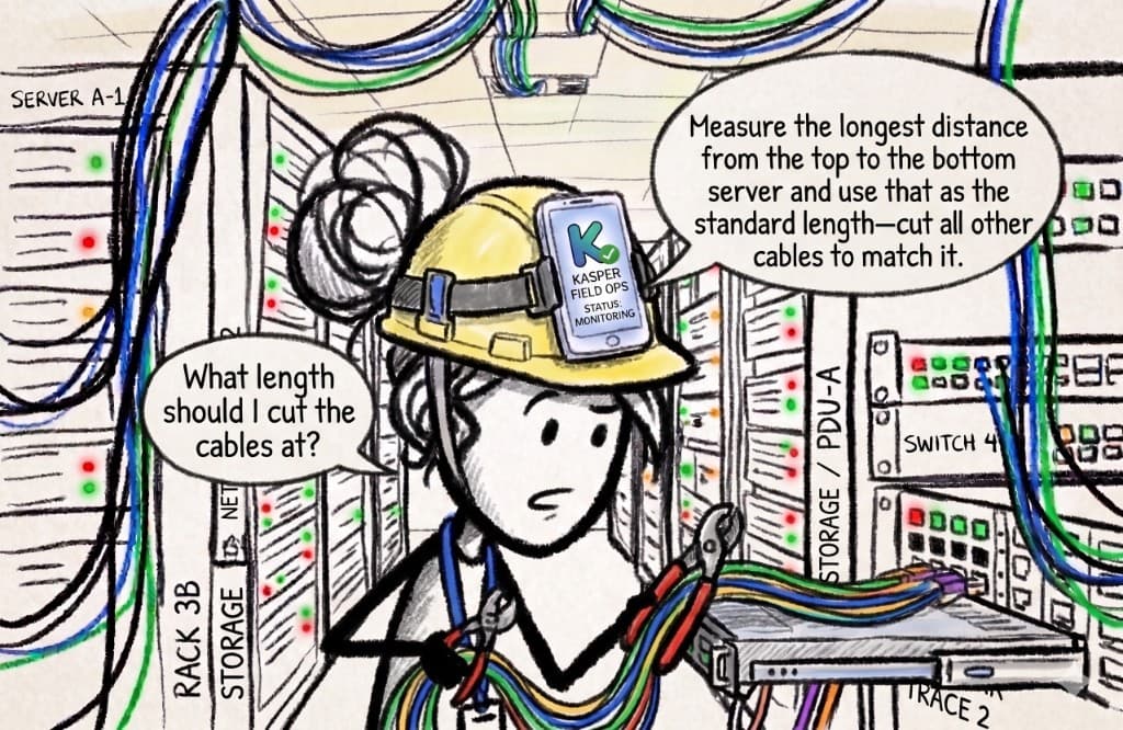Technician receiving guided cable procedure instructions in a data center